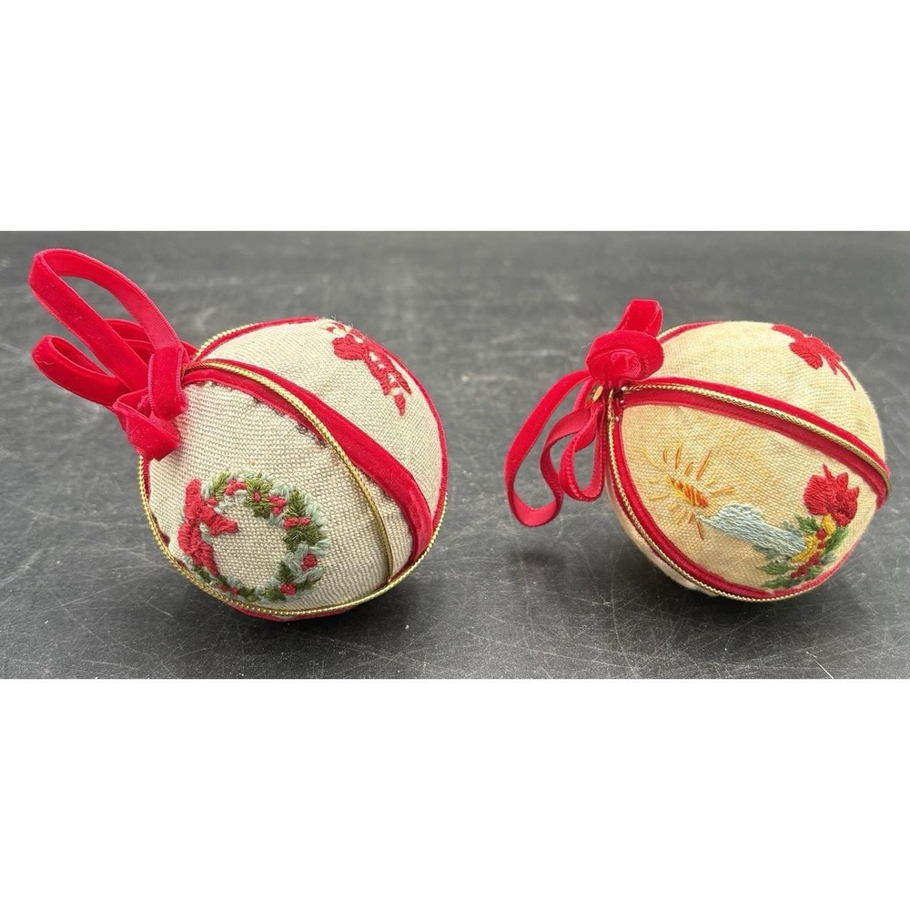 Vtg Hand Embroidered Christmas Ornament Needlepoint Tapestry Round Read